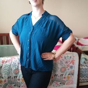 Express Blue button down with sheer panel